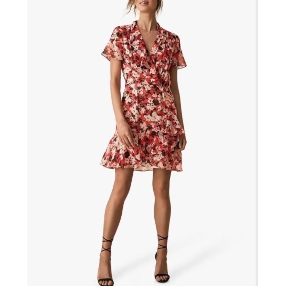 Reiss 'Marseille' Red Black Abstract Floral Print Chiffon Pleated Ruffle Dress 6